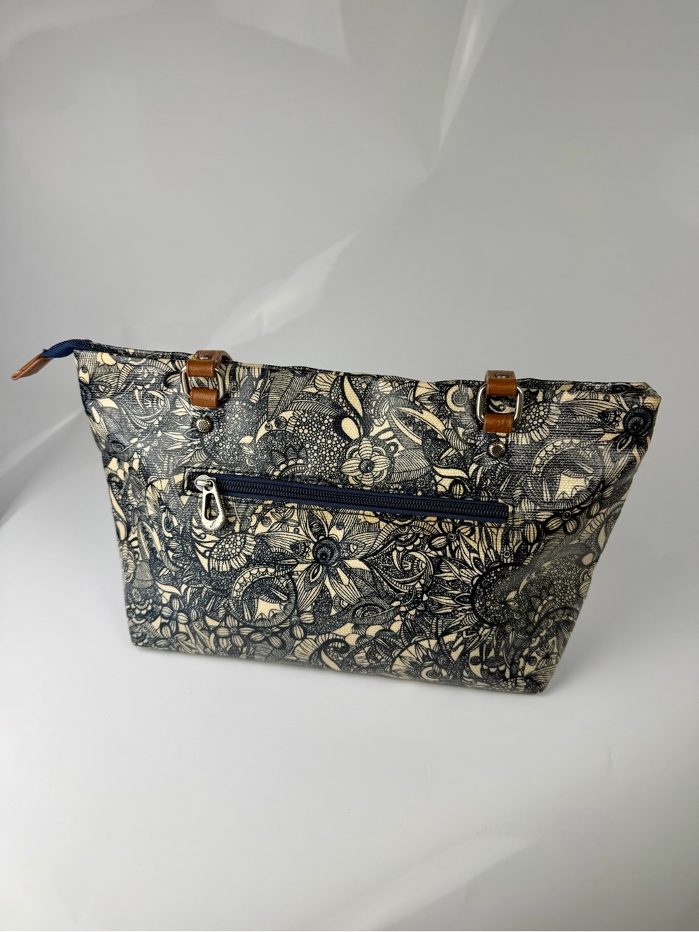 Sakroots Floral Canvas Tote Bag Brown Leather Straps Zip Top - Picture 2 of 14